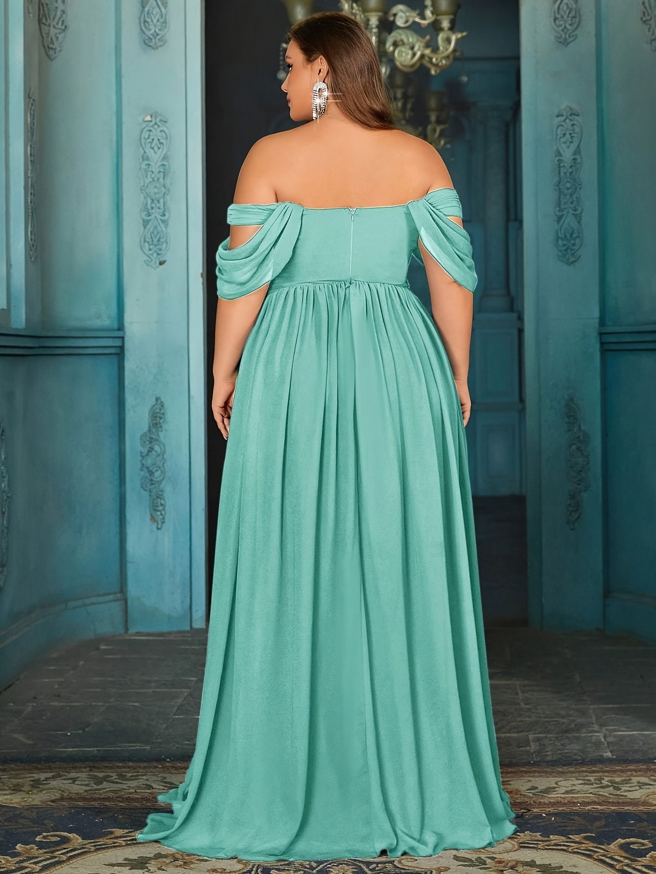 Plus Size Teal Maxi Dress Women Off-Shoulder Ruched A-Line Evening