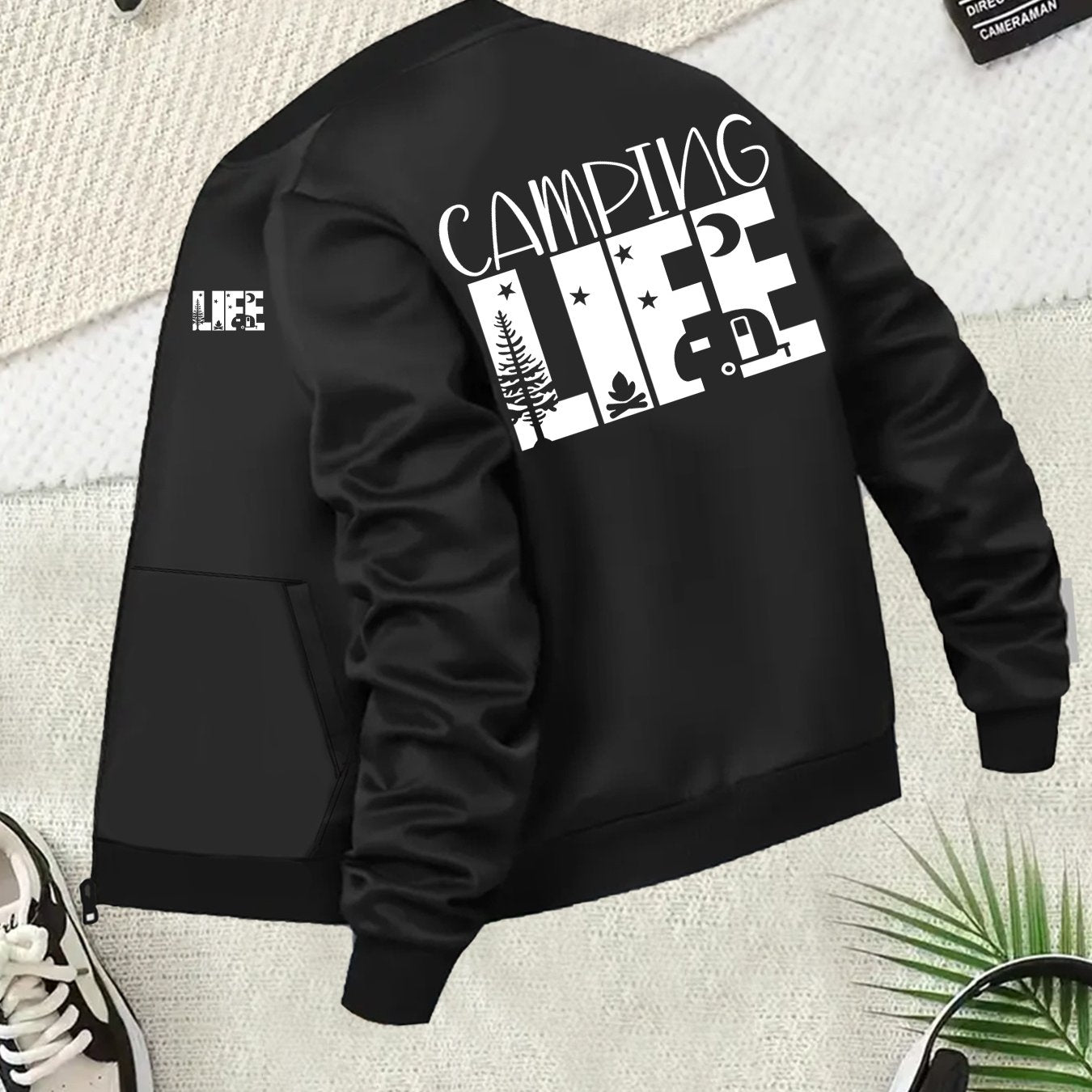 Women's Oversized Black Jacket with Camping Print All-Season Casual Coat