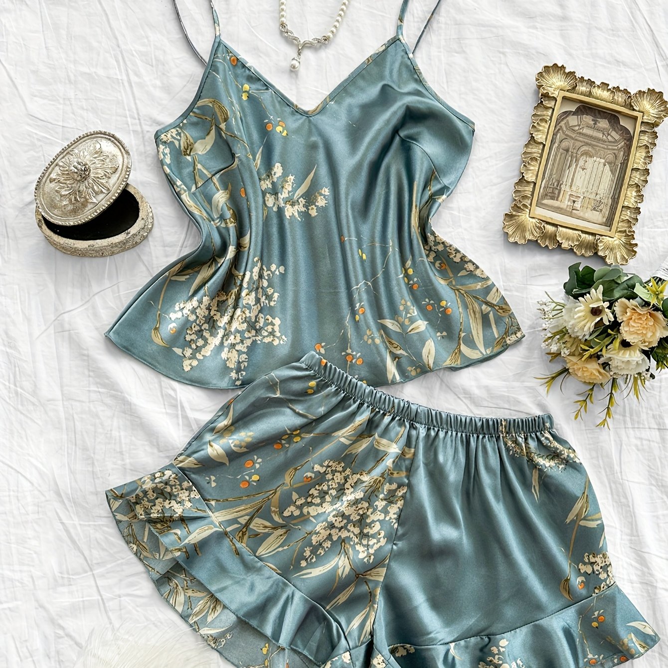 Conjunto de pijama de satén con estampado de cerezas para mujer, talla grande, camisón y pantalones cortos