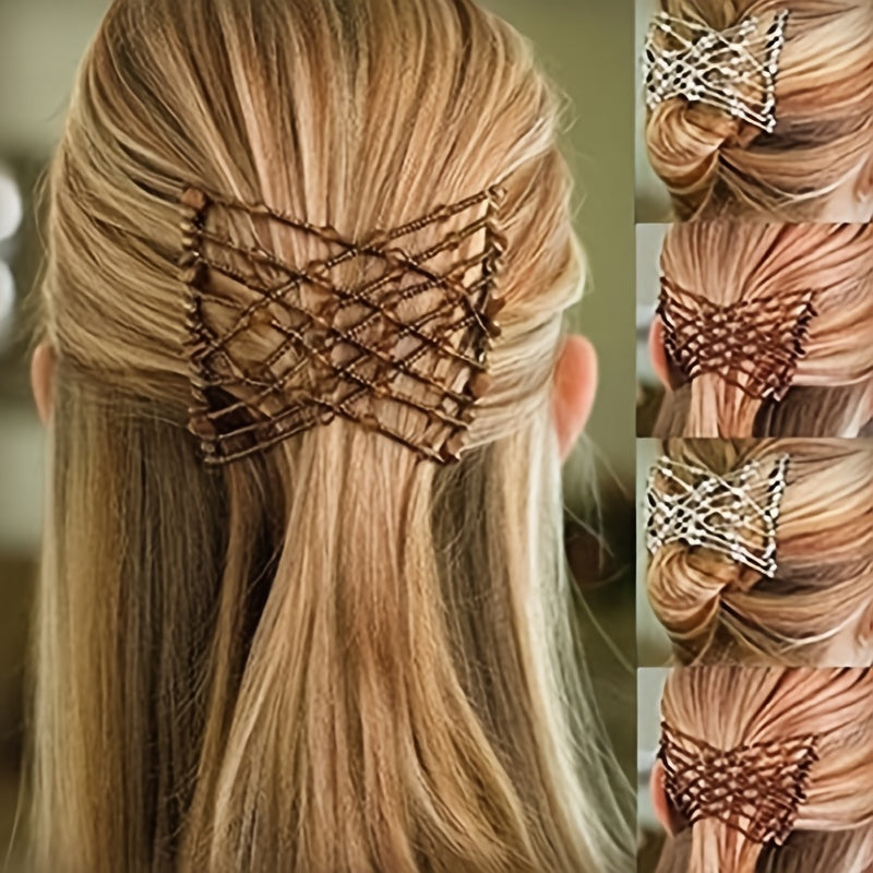 Women Vintage Bead Stretchy Hair Comb Crystal Faux Pearls Hair Accessories