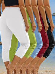 Women's High-Waisted Capri Leggings 5-Pack Faux Button Solid Colors Stretch