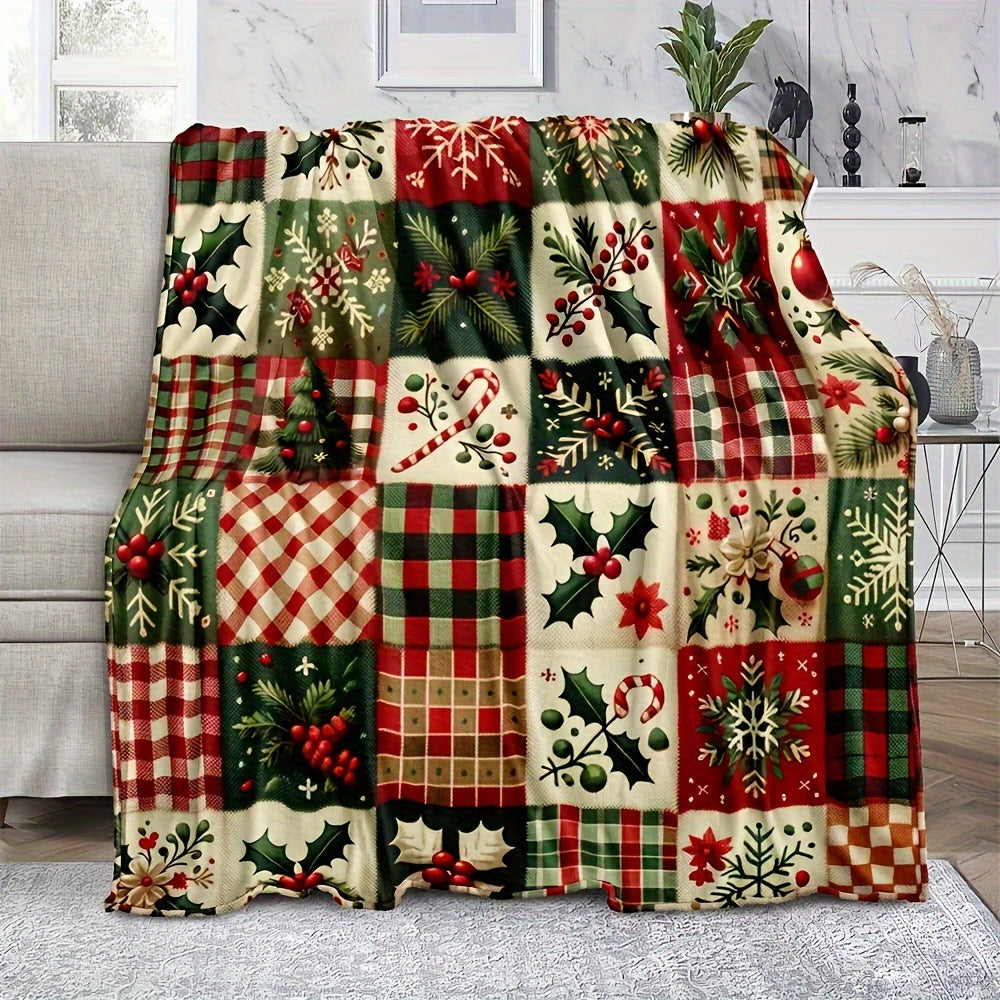 Traditional Christmas Fleece Blanket Red Green Holiday Decor Soft Cozy All-Season Quilted Machine Washable