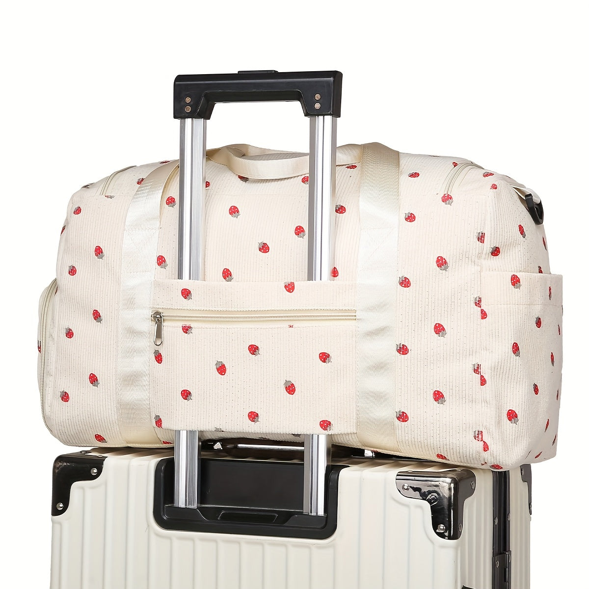 Corduroy Travel Bag with Strawberry Print Wet and Dry Separation Shoe Compartment for Vacation Gym and School