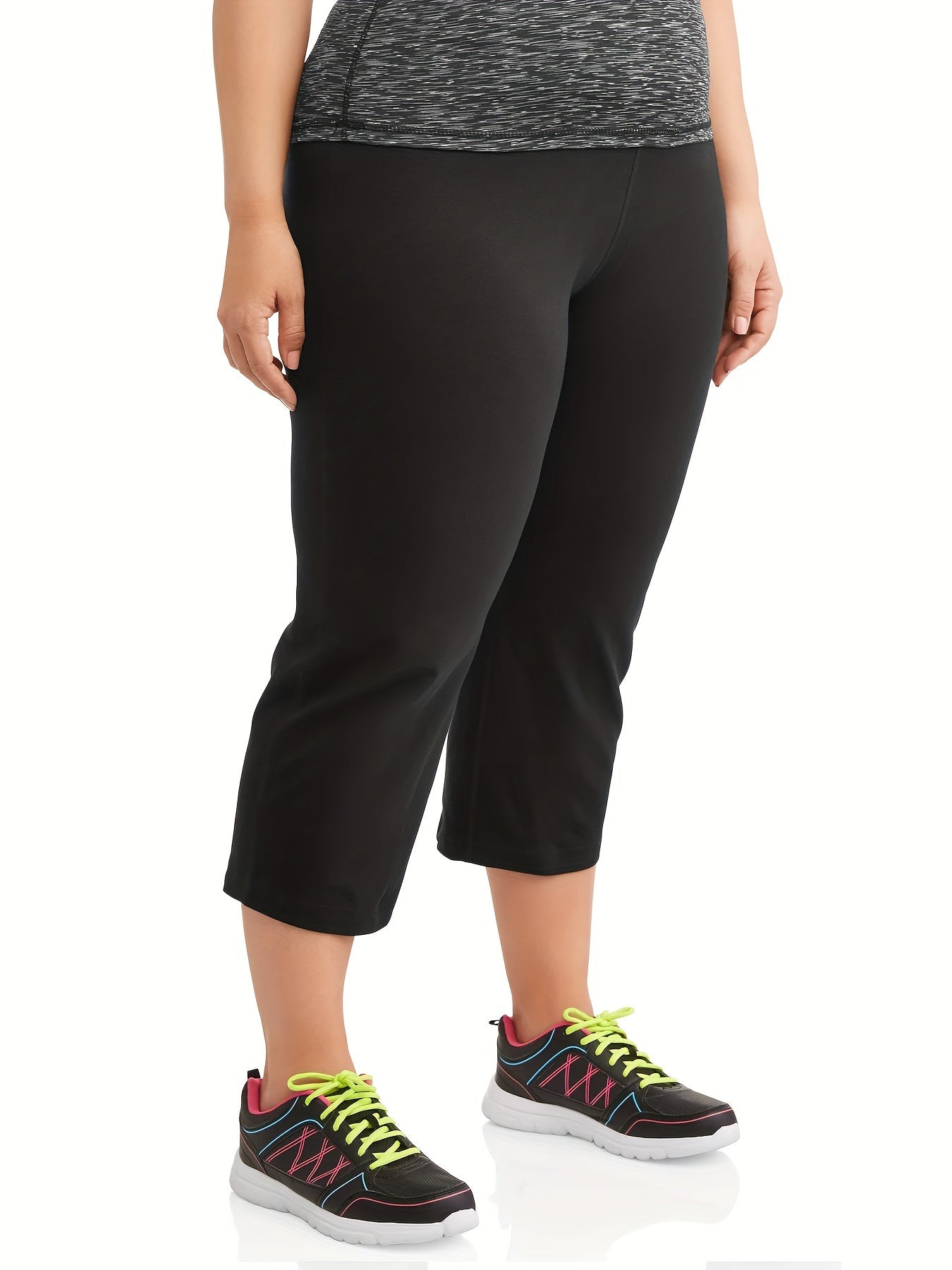 Plus Size High-Waist Stretch Capri Pants for Women Black Polyester