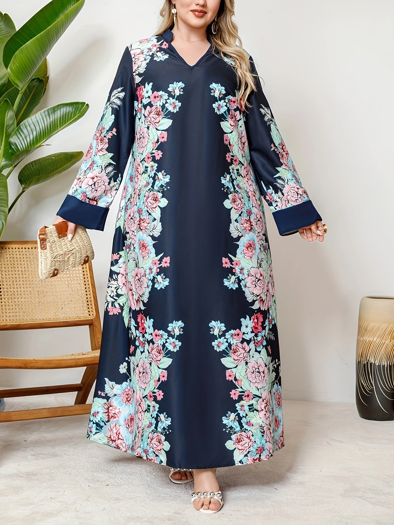 Plus Size Women's V-Neck Dress with Ethnic Print and Elegant Style