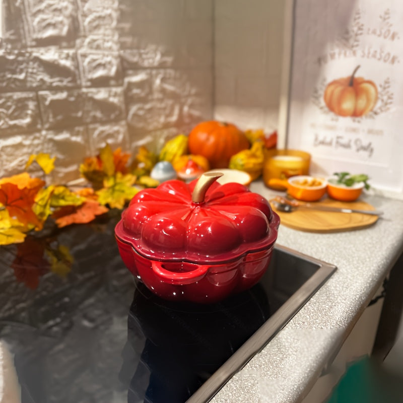 Qizil qovoq shaklidagi quyma temir qozon, emal qopqog'i bilan, gaz va induksiya plitalari uchun mos qalin qozon, oshxona idishlari.