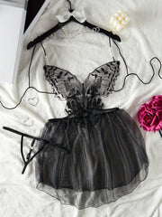 Women’s Sheer Mesh Babydoll Dress with Butterfly Embroidery and Lace-Up Back