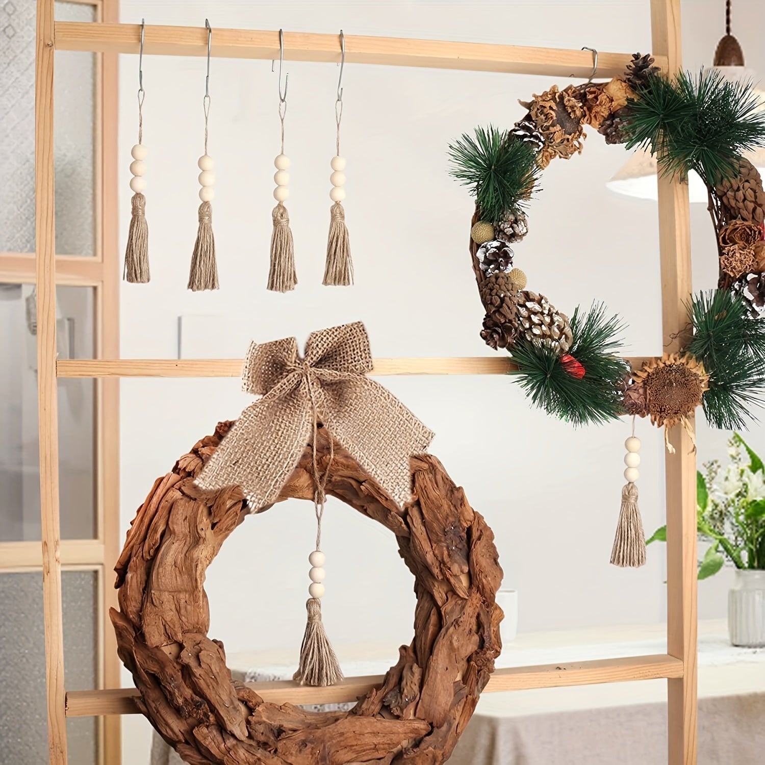 Set of 10 Natural Jute Rope Tassels with Wooden Beads for DIY Decor and Garlands