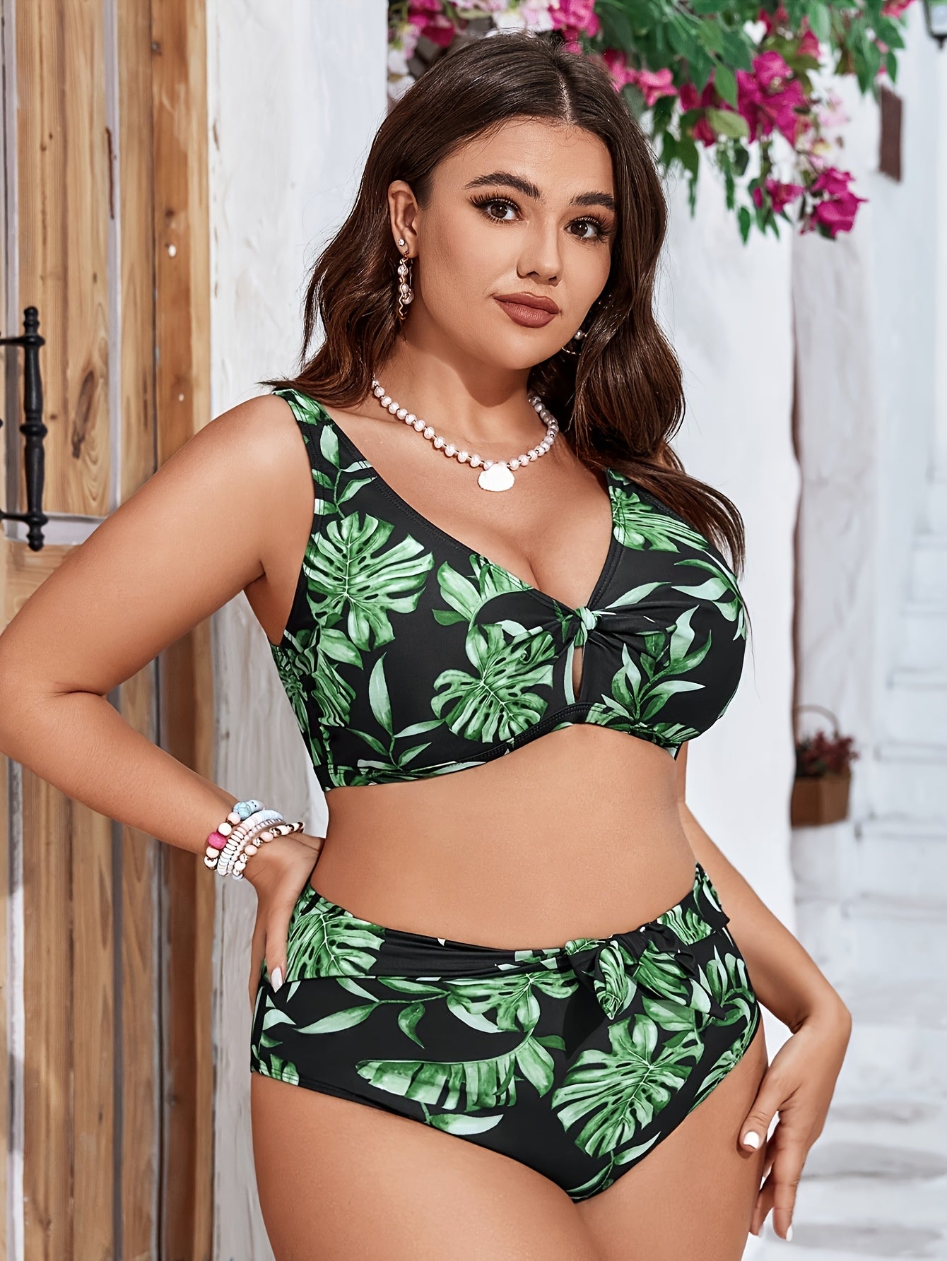 Women's High Elastic V-Neck Printed Bikini Set with Knit Fabric