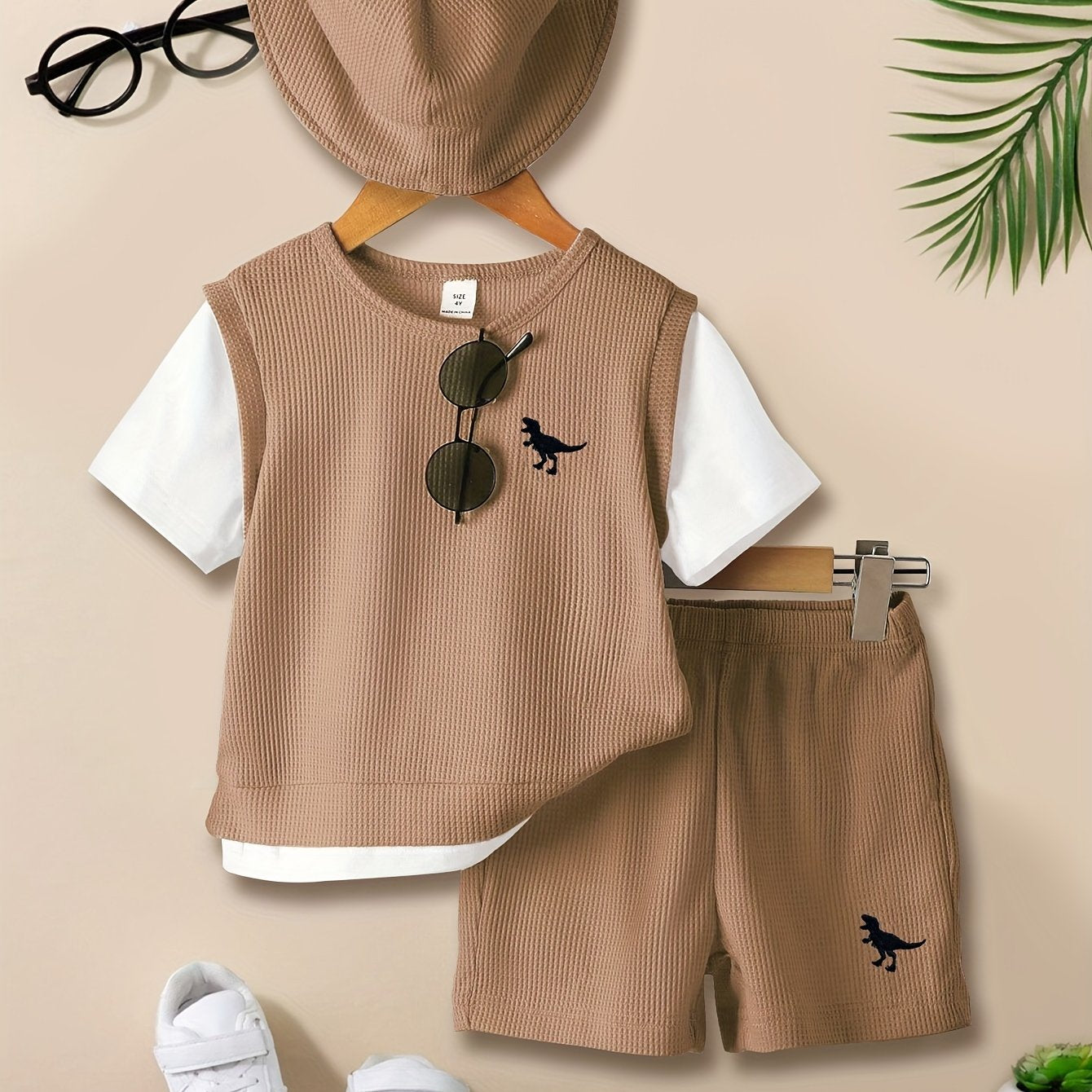 Waffle Pattern Matching Suit for Men and Children Short Sleeve T-Shirt and Shorts