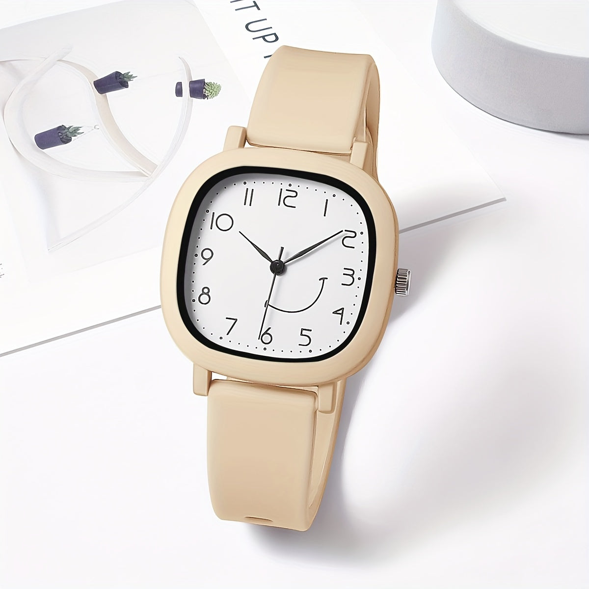 Women's Quartz Watch Square Face Silicone Strap Casual with Smile Face Design