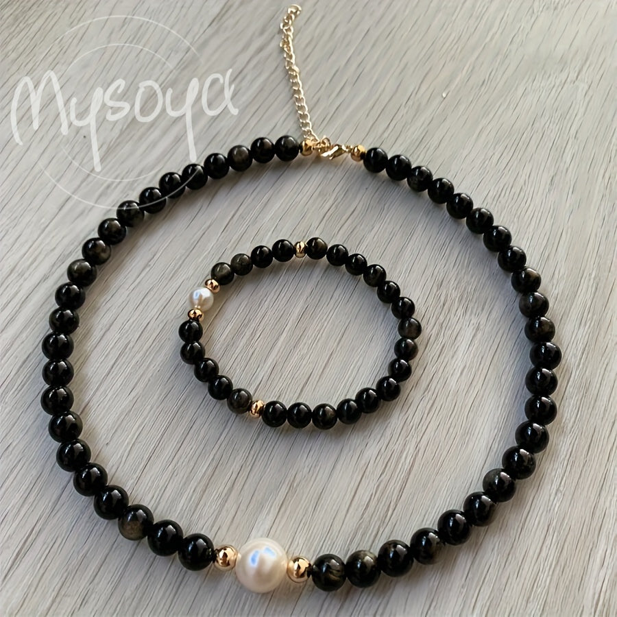 Natural Obsidian Baroque Pearl Necklace with 7-9mm Freshwater Pearls for Women