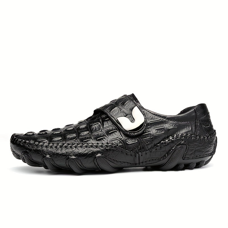 Men's Croc Effect Loafer Shoes with Hook and Loop Fastener Non-Slip Slip-On Leather