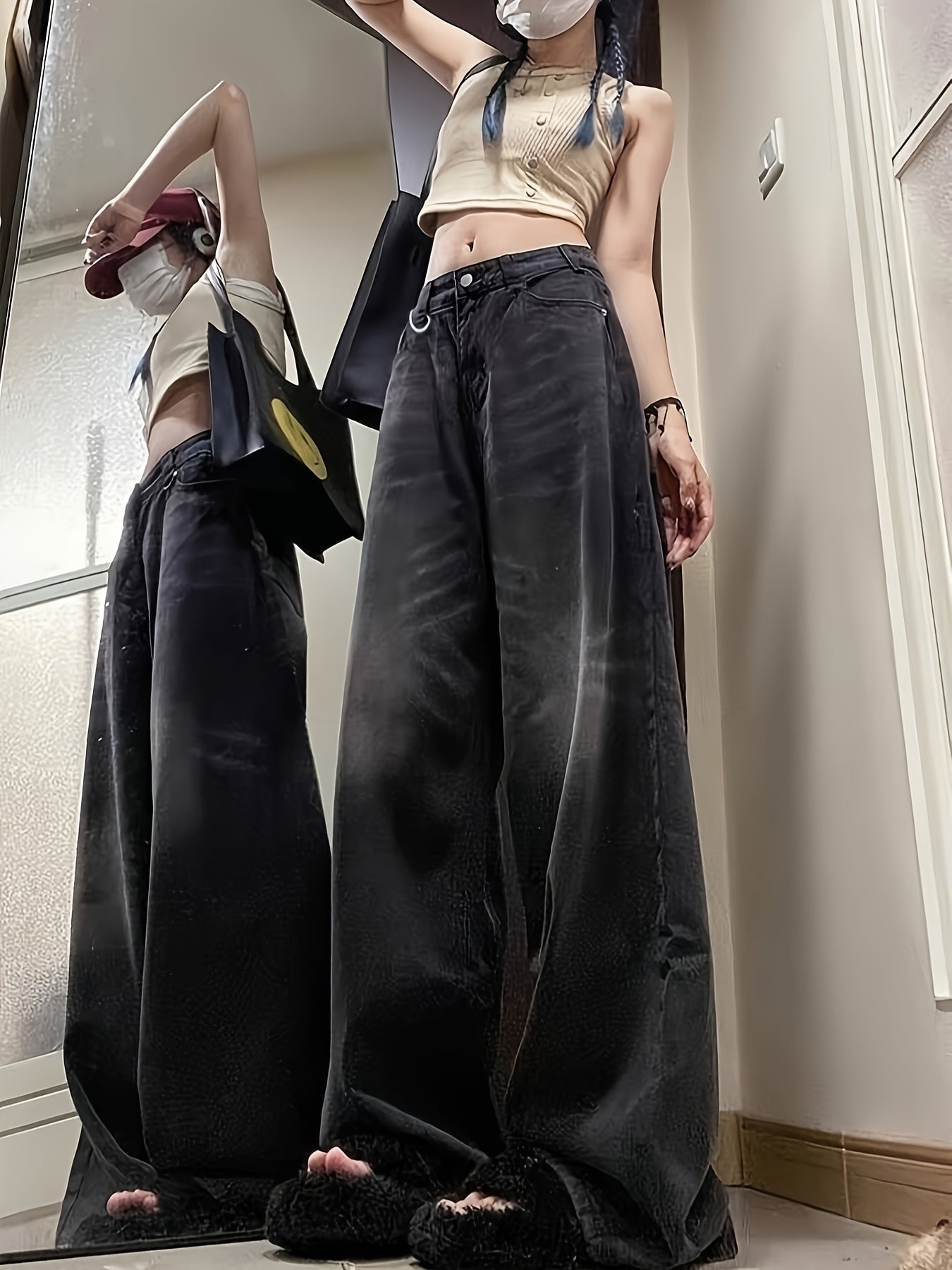 Ayollar uchun keng bo'yinli jinsilar, kundalik, qora, kulrang, yuqori bel, denim shimlar