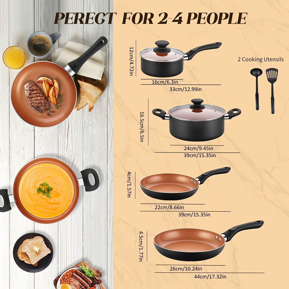 Set of 6 Nonstick Ceramic Cookware with Lids, Copper Aluminum, Induction Compatible