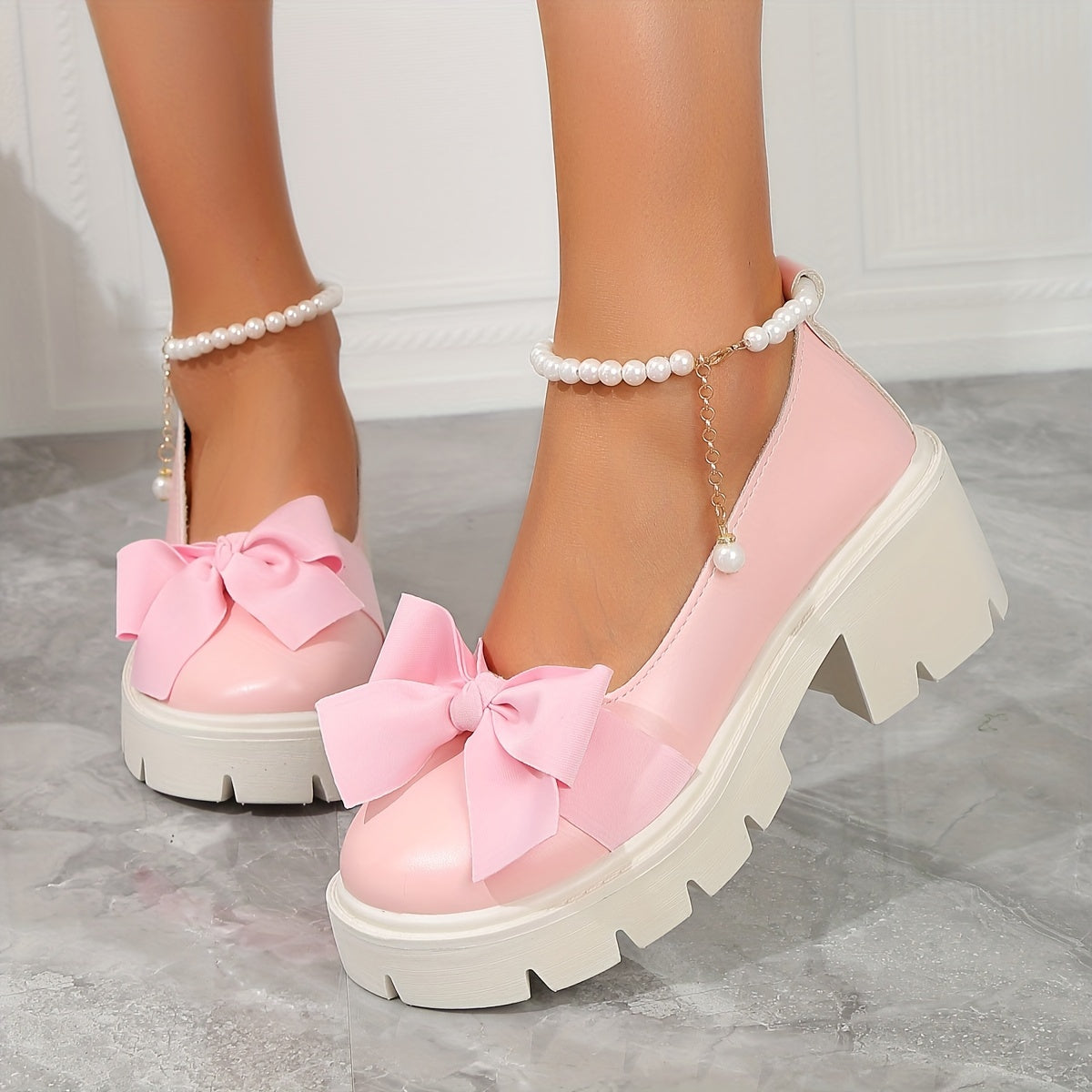 Women's Faux Pearl Bow Decor Loafers with Chunky Heels and Platform