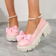 Women's Faux Pearl Bow Decor Loafers with Chunky Heels and Platform