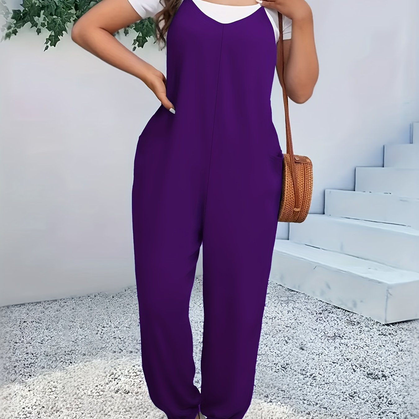 Women's Knit Pants V-Neck Slingback Plus Size Solid Polyester Pocket