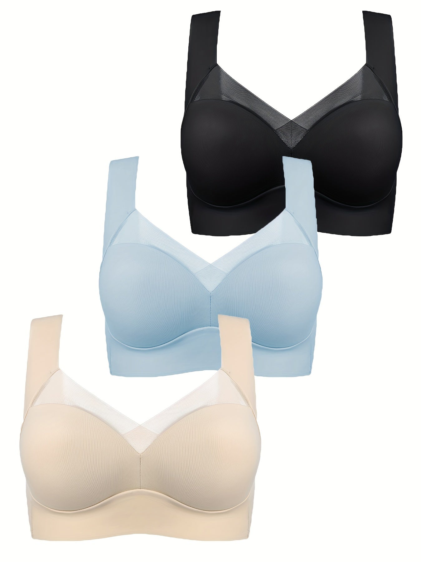 Women Seamless Sports Bras Nylon Blend High Support Breathable Mesh Black Blue Beige 3 Pack