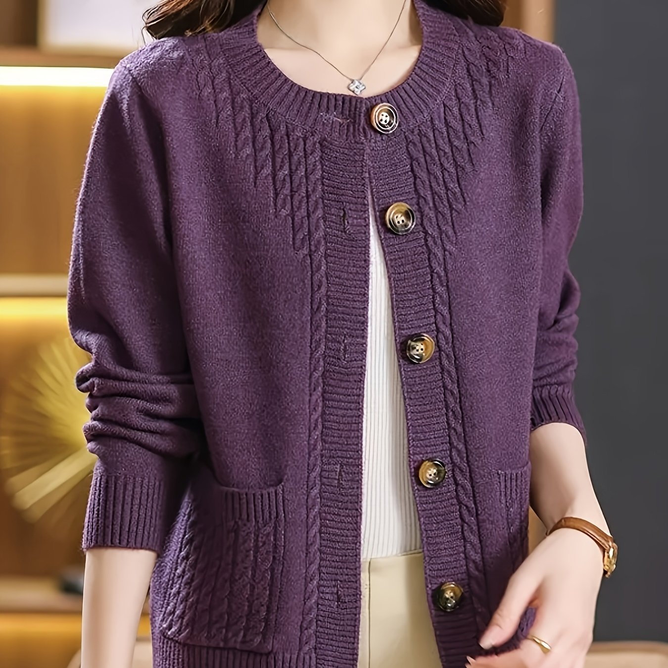 Women's Spring Cardigan with Long Sleeves Crew Neck Solid Color Knit Fabric