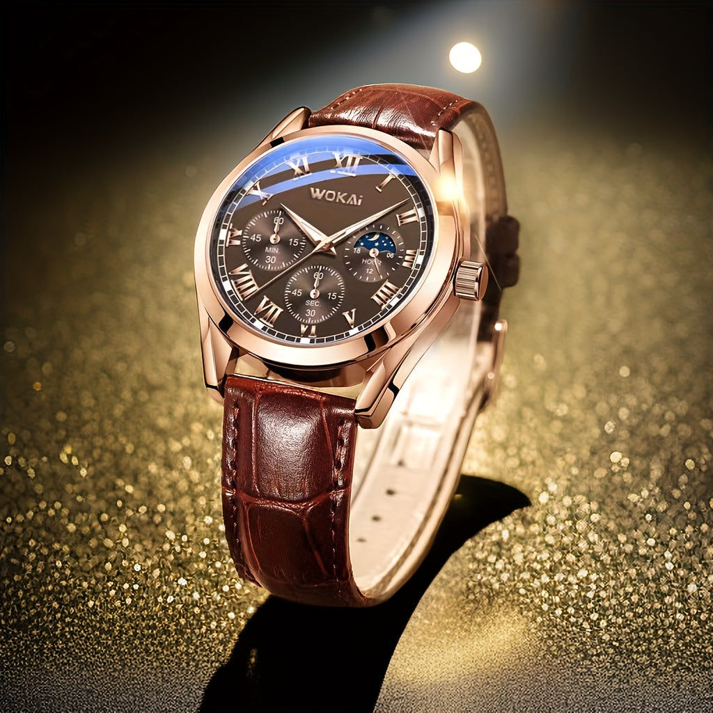 Men's Business Watch Sports Design Quartz Movement Synthetic Leather Band Durable Alloy Casing