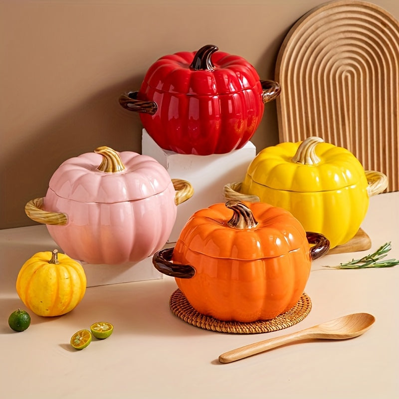 Ceramic Pumpkin-Shaped Soup Pot with Lid and Handles for Stews and Salads