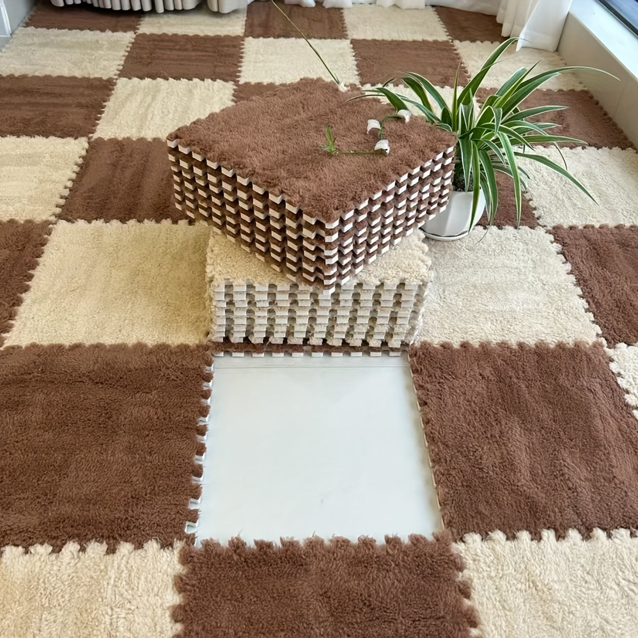 Juego de 24 alfombrillas de felpa floral entrelazadas de forma cuadrada para salón y dormitorio