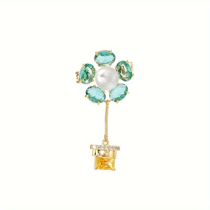 Vintage Green Zirconia and Pearl Flower Brooch Quirky Plant-Shaped Fashion Pin