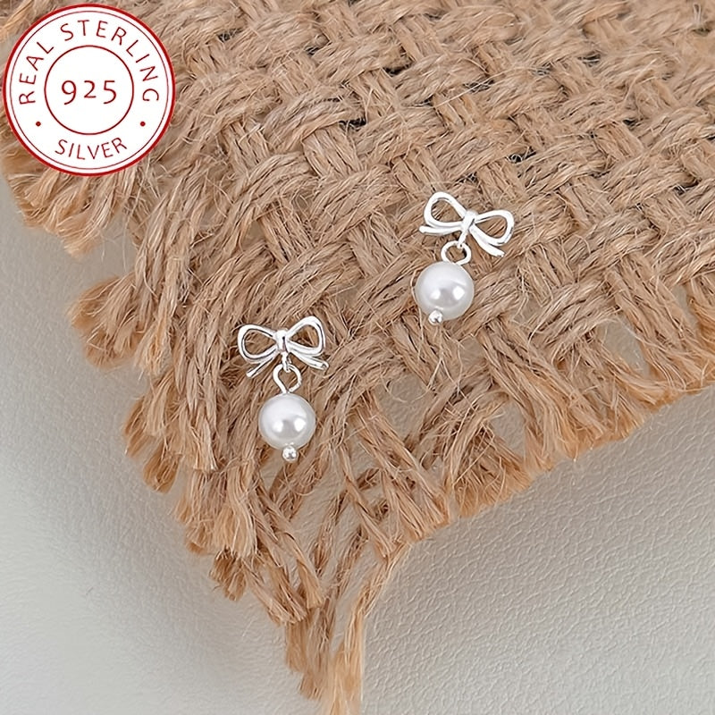 Sterling Silver Bowknot Faux Pearl Stud Earrings for Women