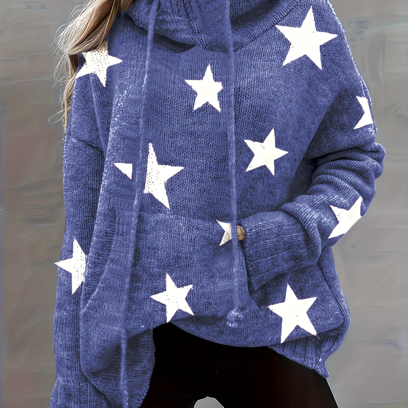 Plus Size Women’s Knit Hoodie With Pockets and Star Print