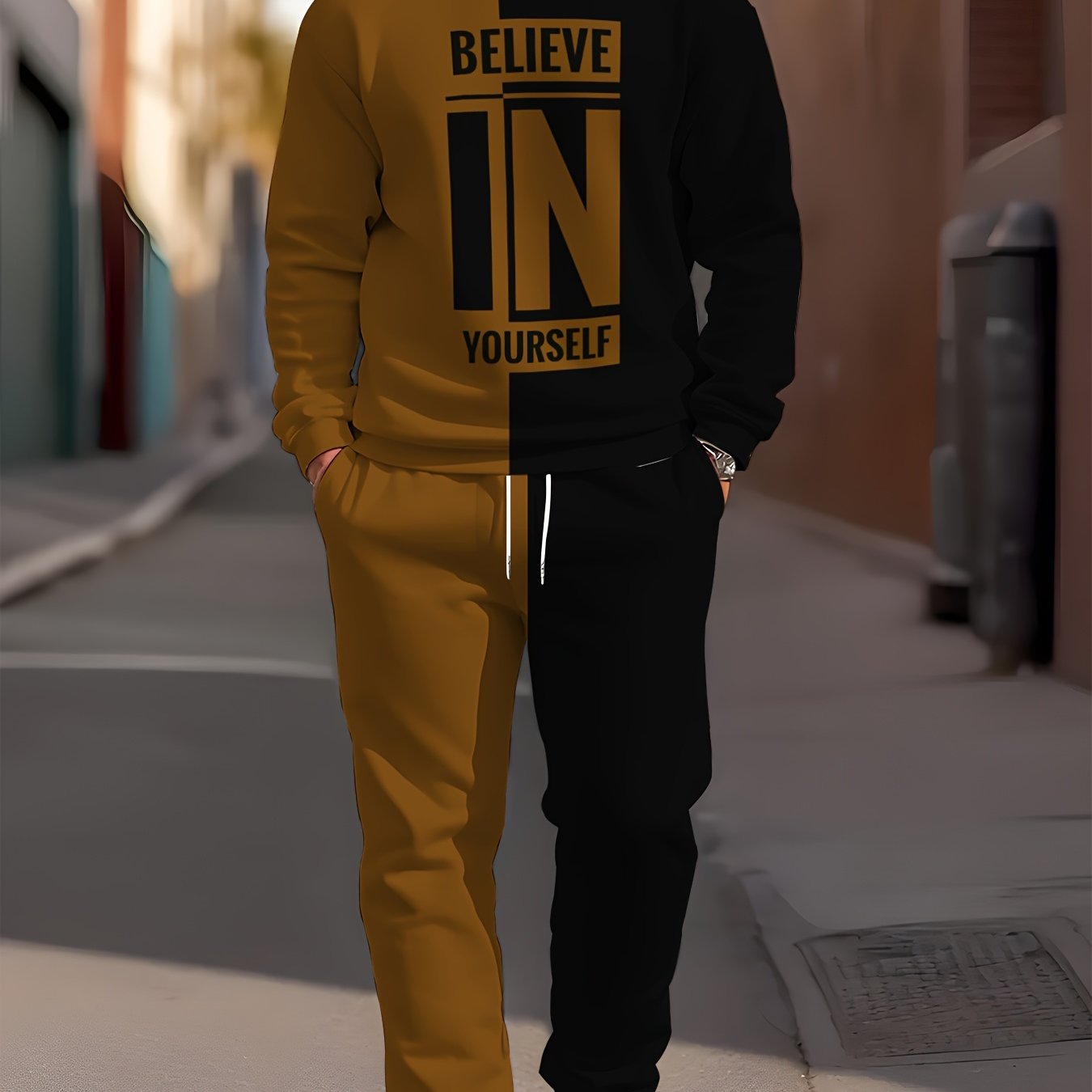 Men's Polyester Knit Tracksuit Crew Neck Long Sleeve Sweatshirt and Joggers with Believe in Yourself Print