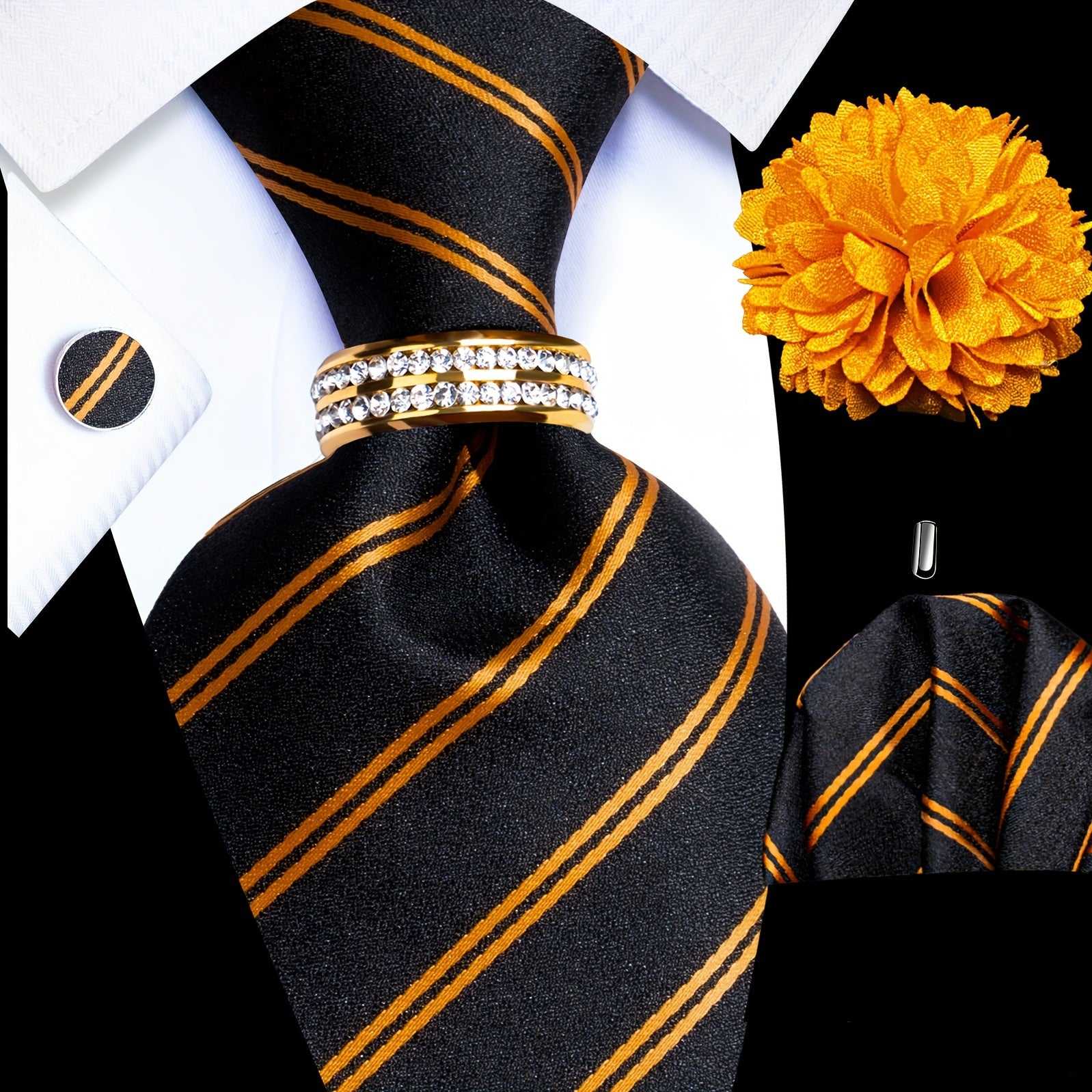 Men's Formal Tie Set with Pocket Square Cufflinks Tie Clip Lapel Pin and Ring for Weddings and Occasions