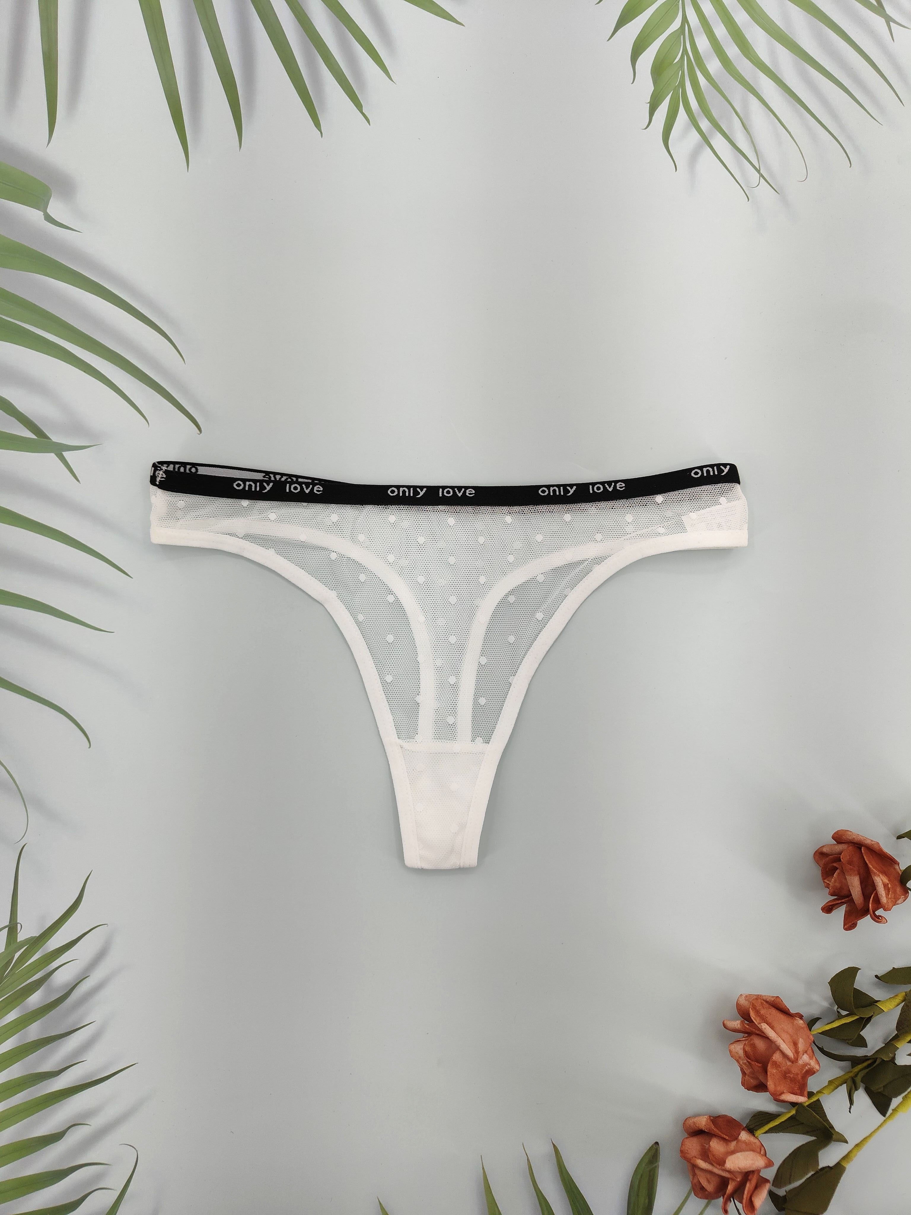 4 ta Sexy Mesh Thong to'plami ayollar uchun, "LOVE" belbog'li shaffof polka nuqtali, Nylon/Elastane aralashmasi, qo'l bilan yuvish, romantik ichki kiyim.
