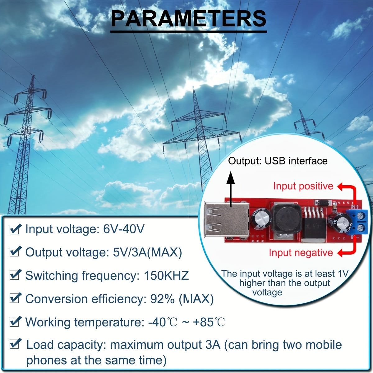 Módulo de fuente de alimentación DC-DC de 6-40V a 5V 3A, convertidor de cargador USB dual
