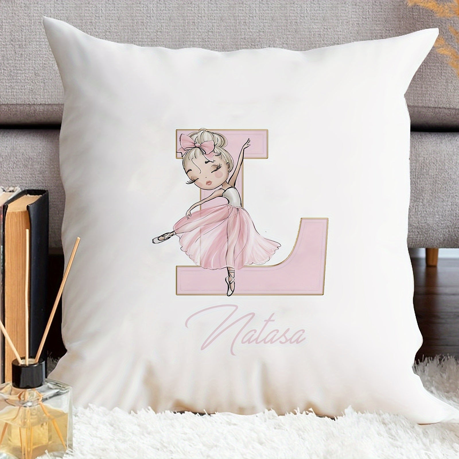 Shaxsiylashtirilgan samoviy yostiq qopqog'i, balet qiz dizayni bilan, pushti harflar, divan uchun dekor, bitta tomonli bosma