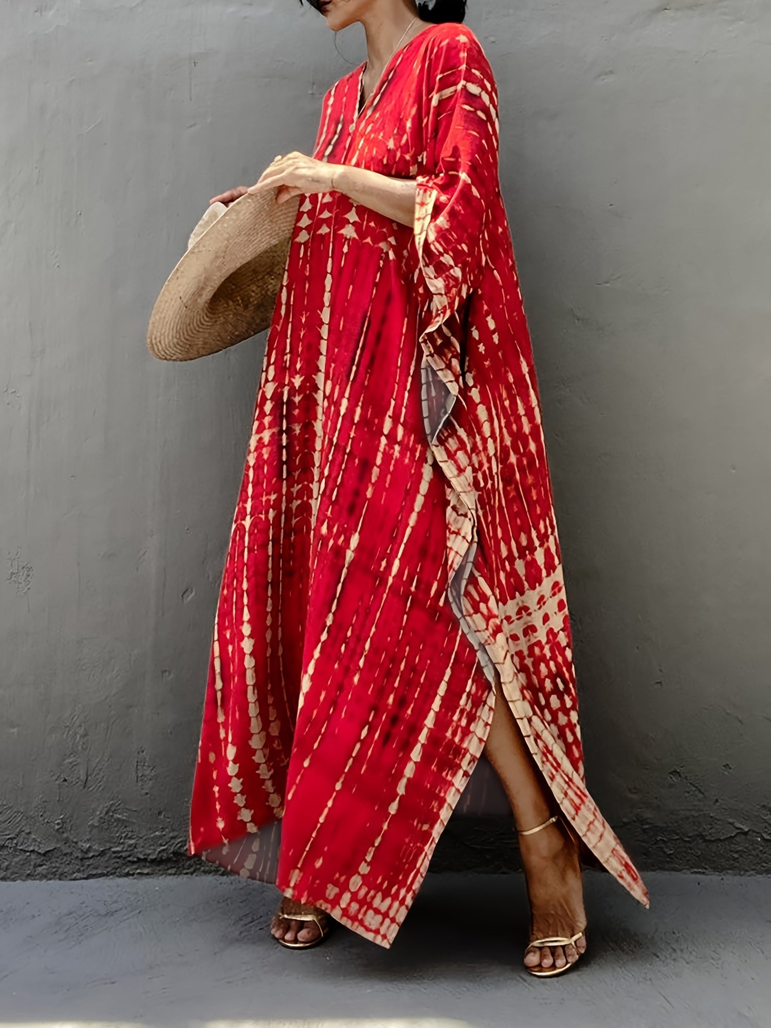 Plus Size Tie Dye Print Kaftan Dress Women V Neck Side Split Clothing