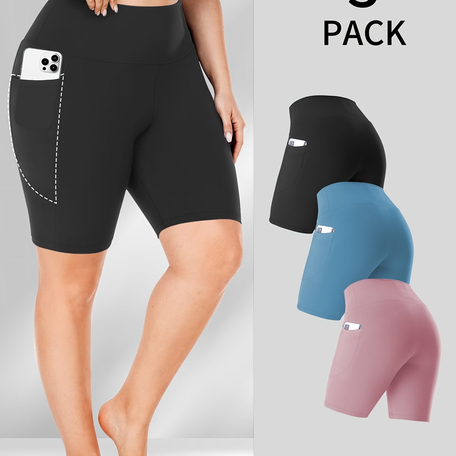 Women's High-Waist Biker Shorts Plus Size Crescent Moon Pockets Stretchy Polyester