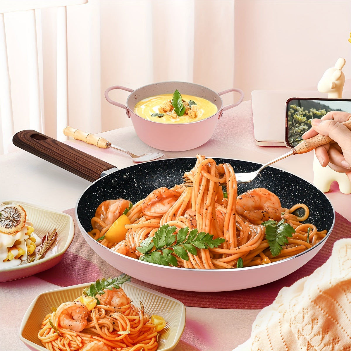 Set of 6 Pink Non-Stick Cookware Pots Pans Wok Kitchen Essential