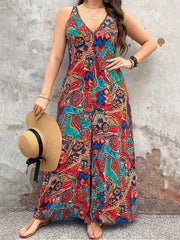 Vestido largo sin mangas de escote en V para mujer talla grande con mono de estampado paisley vibrante