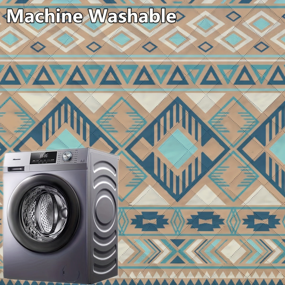 Waterproof Picnic Blanket 198cm Square Sand-Free Tear-Resistant Blue Geometric