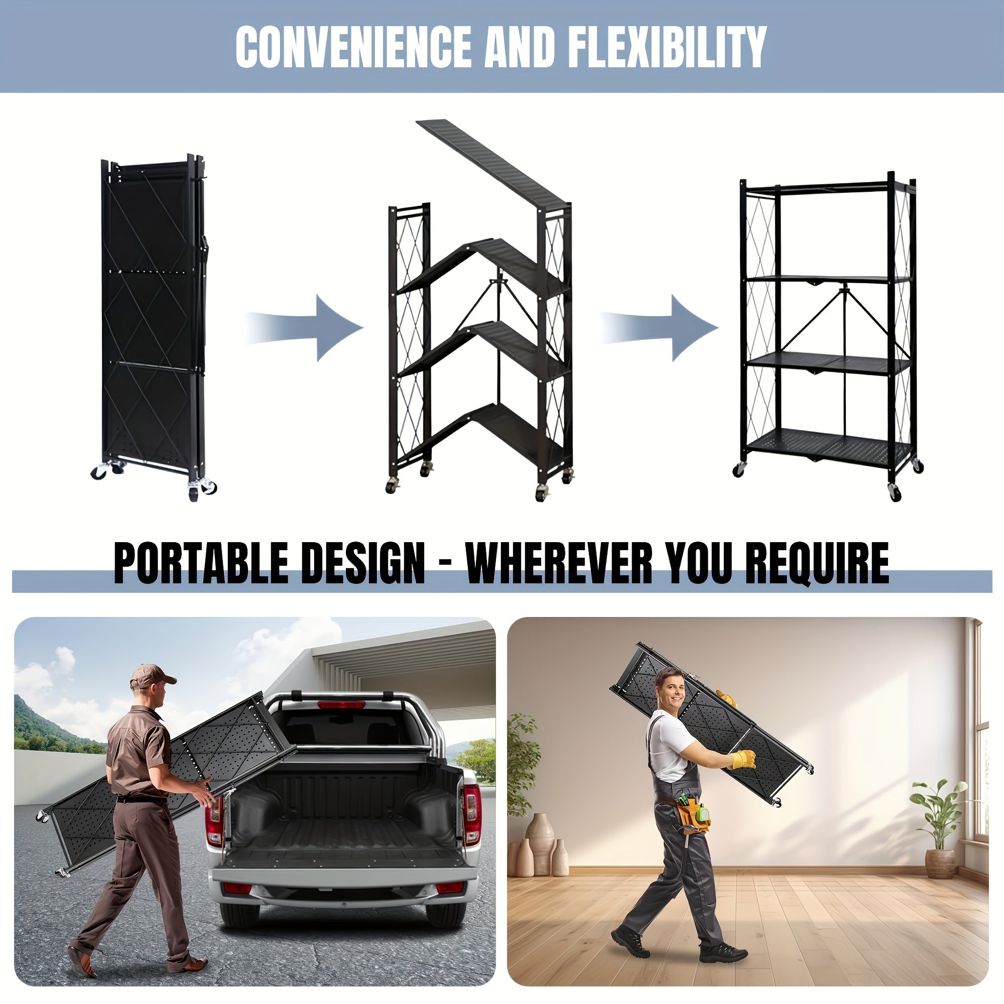 Estantería de almacenamiento plegable de 11 piezas, con 4 niveles y ruedas, unidad de estantería de gran capacidad, estantería de metal con rejilla, negra