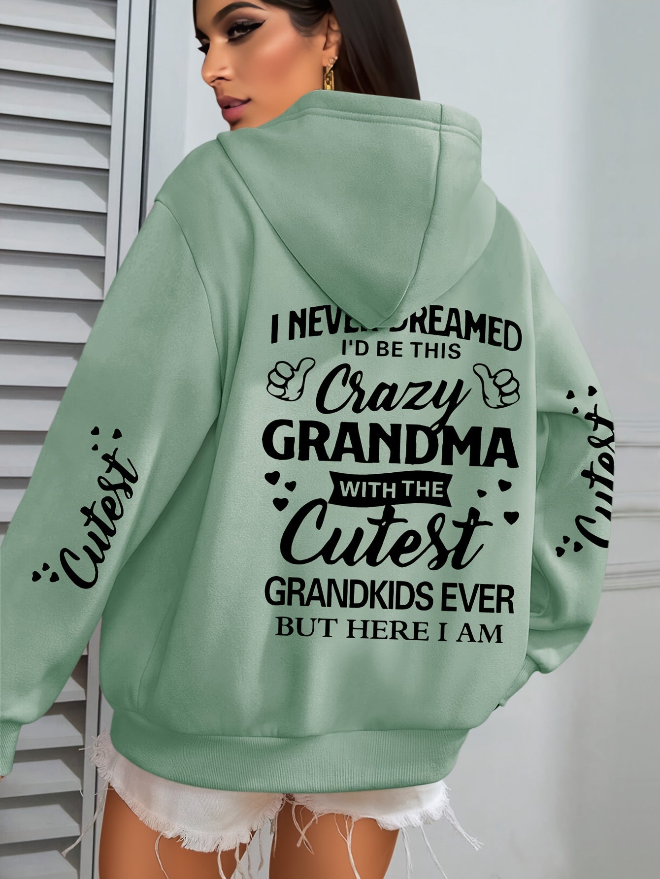 Толстовка с крупным принтом букв Plus Size Crazy для женщин, с длинными рукавами, повседневная, с капюшоном и карманами на шнурке