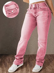 Women's Pink Slim Fit Denim Jeans with Slash Pockets and Button Closure