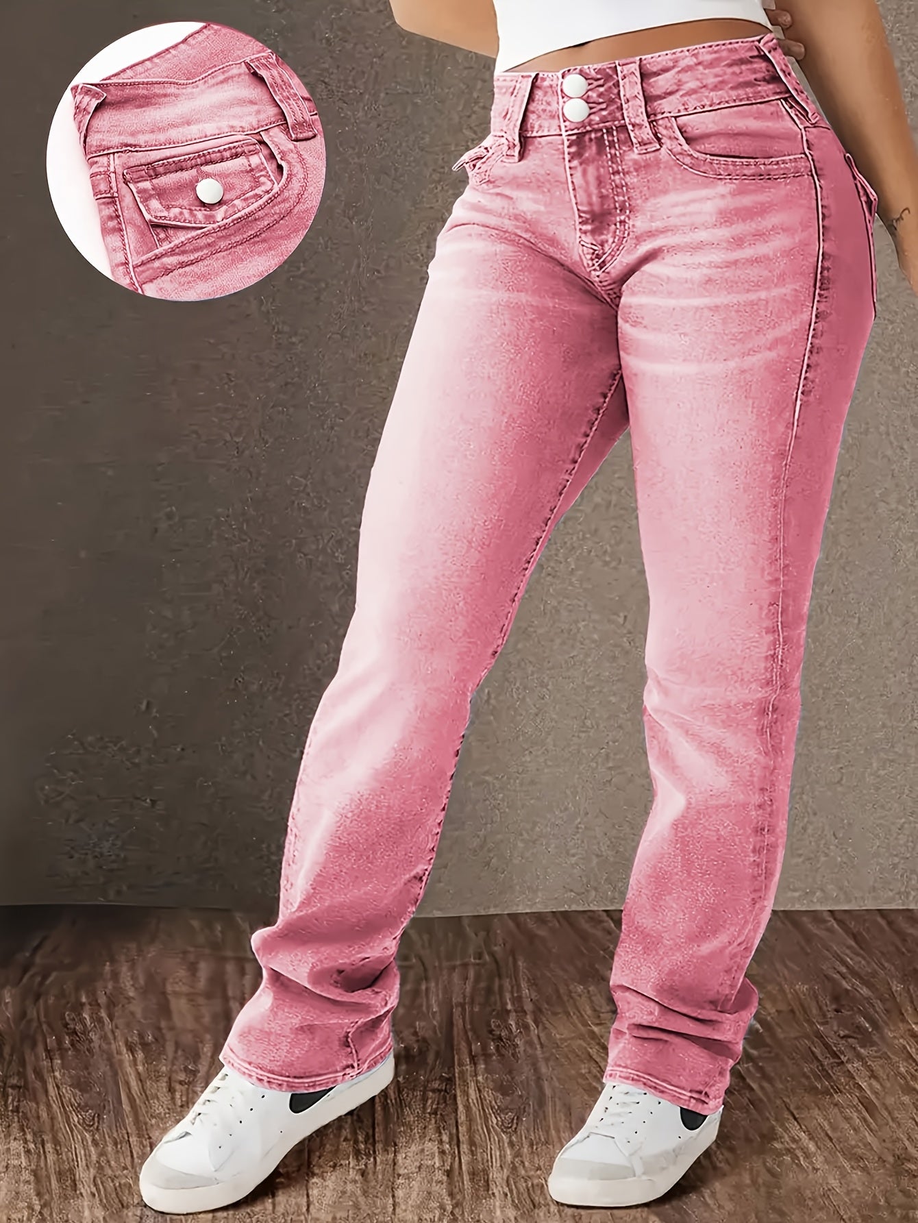 Women's Pink Slim Fit Denim Jeans with Slash Pockets and Button Closure