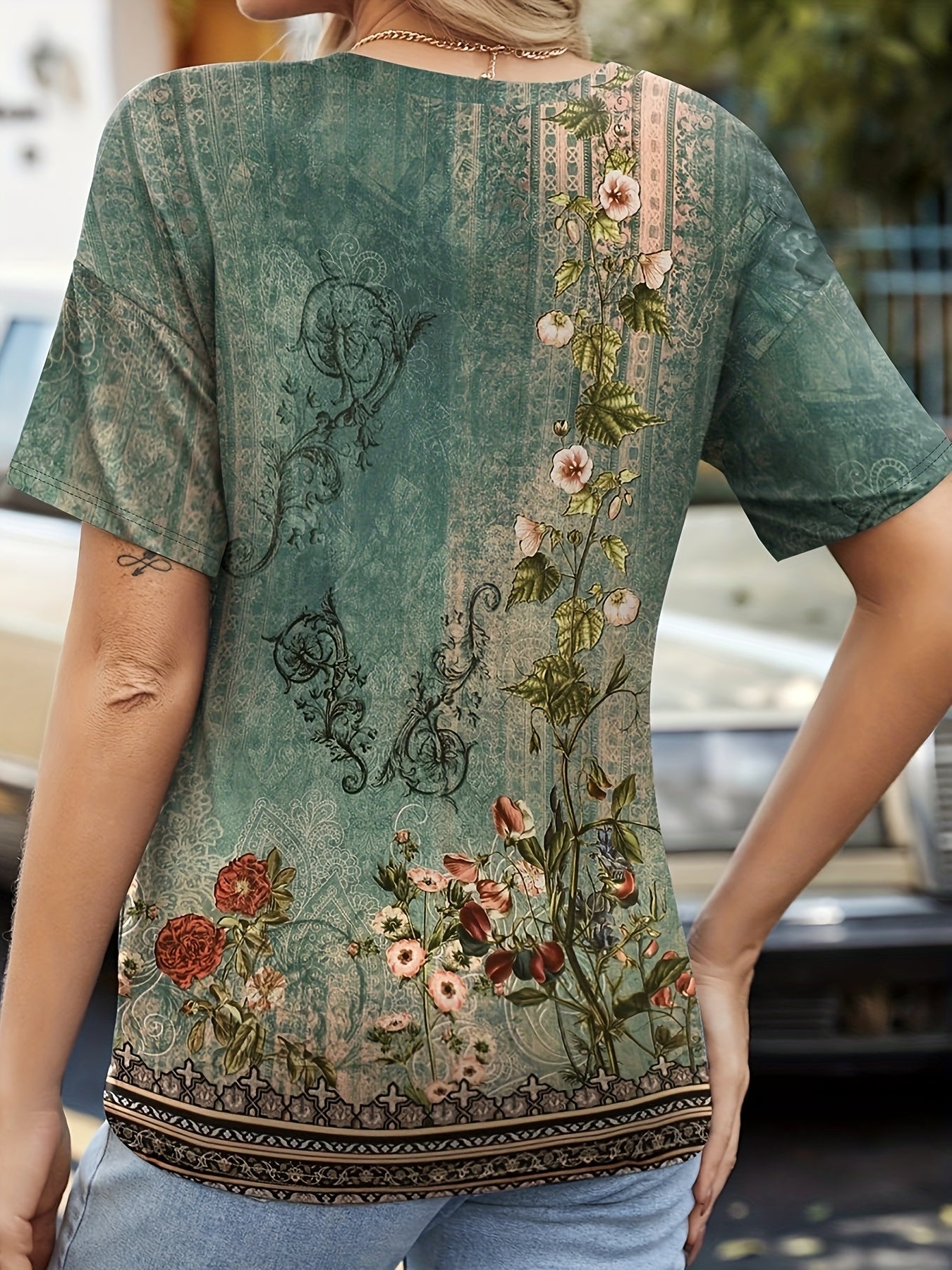 Women's Floral Print V-Neck Short Sleeve T-Shirt Breathable Stretch Top