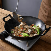 Cast Iron Wok with Lid Double Handles Thickened for Gas Induction Electric Stovetops