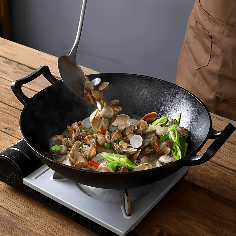 Cast Iron Wok with Lid Double Handles Thickened for Gas Induction Electric Stovetops