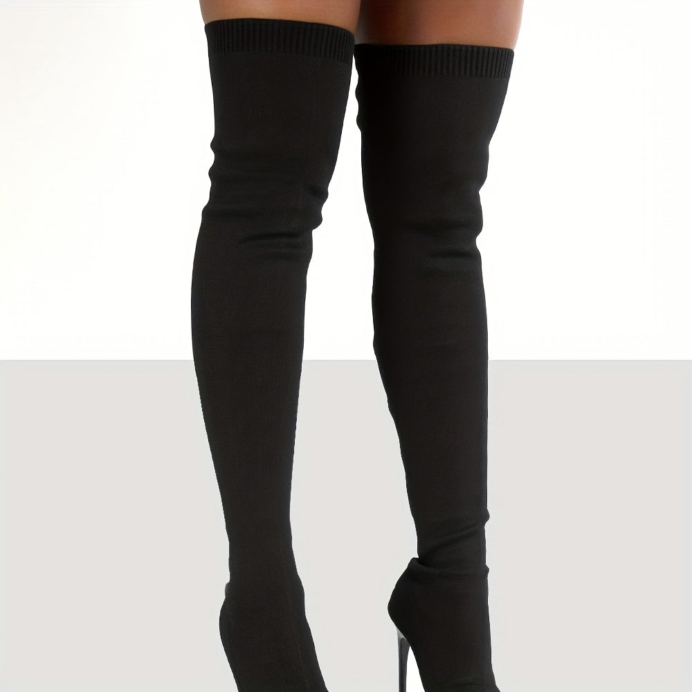 Women’s Over-the-Knee Black Leather Pointed Toe Stiletto Boots