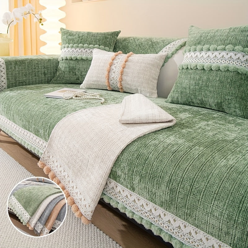 Зеленый чехол для дивана из шенилла с помпонами - водонепроницаемый и дружелюбный к домашним животным, подходит для всех размеров диванов (на 1-4 человека) - легкий в уходе, можно стирать в машине, с кисточками, идеален для любого декора комнаты