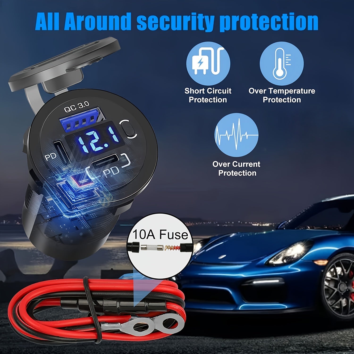 Cargador de coche de carga rápida USB Tipo-C QC3.0 con puertos dual PD y pantalla LED